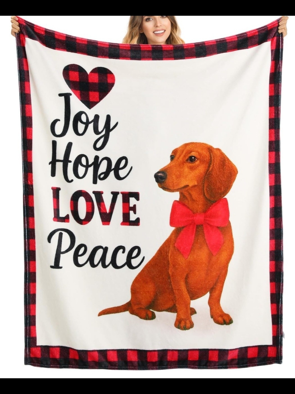Joy Hope Love Peace Dachshund Plush Throw Blanket - Red & White